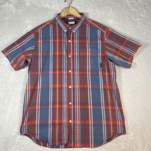 Columbia Mens Button Down Shirt Large Red‎ Blue Plaid Outdoors Short Sleeve - Picture 1 of 7